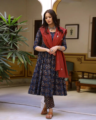 Cotton Blue Bagru Print Anarkali Suit Set with Red Mulmul Dupatta