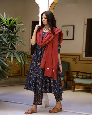 Cotton Blue Bagru Print Anarkali Suit Set with Red Mulmul Dupatta