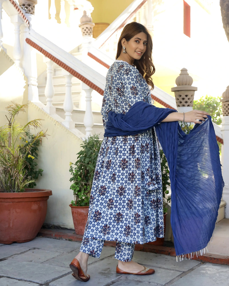 Cotton Blue & White Angarakha Printed Kurta Pant Set with Mulmul Dupatta - Ria Fashions