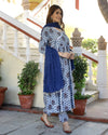 Cotton Blue & White Angarakha Printed Kurta Pant Set with Mulmul Dupatta - Ria Fashions
