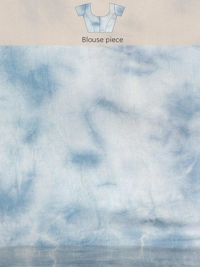 Linen Cotton Blue & White Tie Dye Ethnic Motif Woven Designed Khadi Saree with Unstitched Blouse