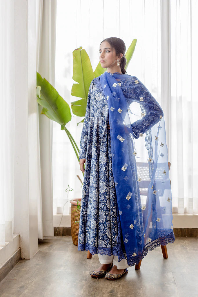 Cotton Blue Printed Anarkali Suit Set with Organza Dupatta