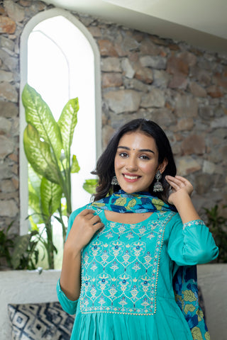 Cotton Blue Embroidered and Printed Anarkali Suit Set