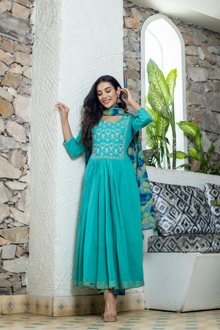 Cotton Blue Embroidered and Printed Anarkali Suit Set