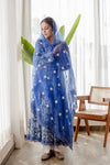 Cotton Blue Printed Anarkali Suit Set with Organza Dupatta