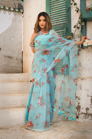 Blue & Red Organza Printed Saree with Tafetta Blouse