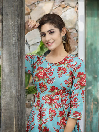 Cotton Blue & Red Flared Floral Print Ethnic Dress
