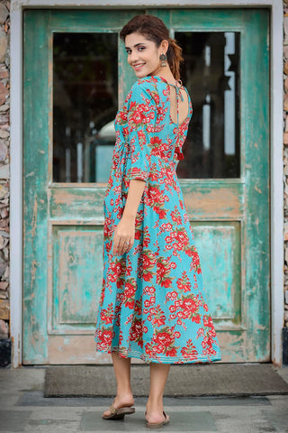 Cotton Blue & Red Flared Floral Print Ethnic Dress