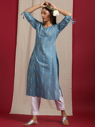 Cotton Blue Ethnic Motif Print Straight Cut Kurta