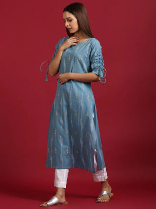 Cotton Blue Ethnic Motif Print Straight Cut Kurta