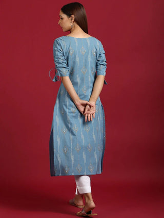 Cotton Blue Ethnic Motif Print Straight Cut Kurta