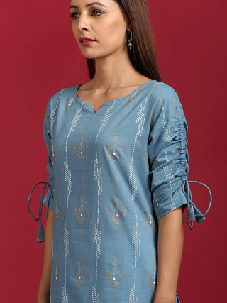 Cotton Blue Ethnic Motif Print Straight Cut Kurta