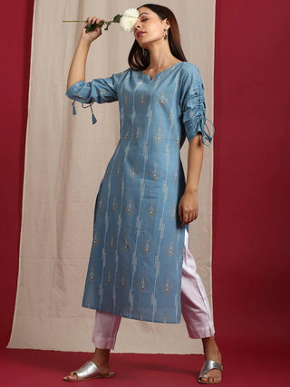 Cotton Blue Ethnic Motif Print Straight Cut Kurta