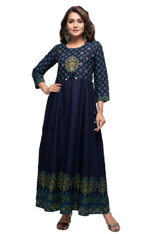 Rayon Blue Printed Embroidered Anarkali Style Gown - Ria Fashions