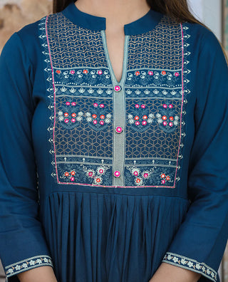 Rayon Blue Printed Nyraa cut Ethnic Dress