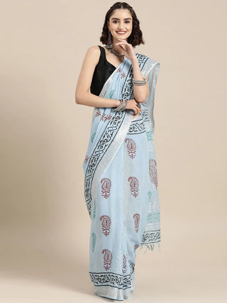 Light Blue Khadi Print Ethnic Motif Woven Designed Saree with Unstitched Blouse