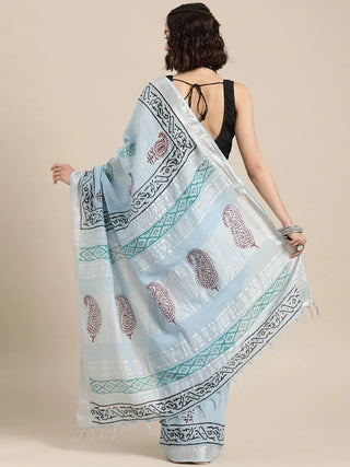 Light Blue Khadi Print Ethnic Motif Woven Designed Saree with Unstitched Blouse