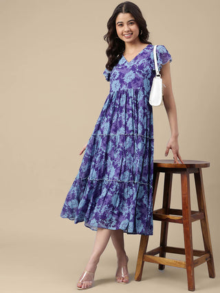 Blue Georgette Floral Print A Line Dress