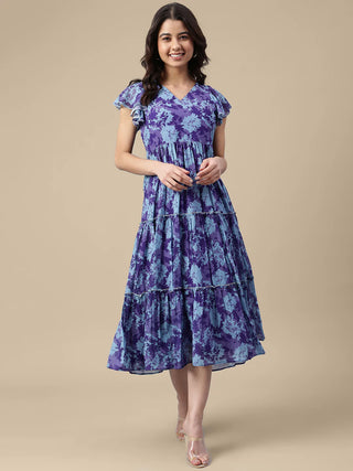 Blue Georgette Floral Print A Line Dress