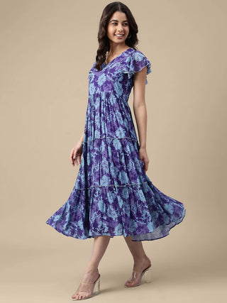 Blue Georgette Floral Print A Line Dress