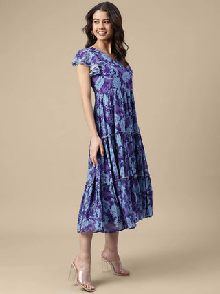 Blue Georgette Floral Print A Line Dress