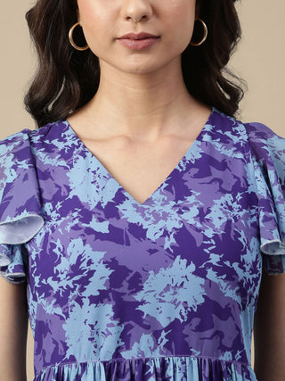 Blue Georgette Floral Print A Line Dress