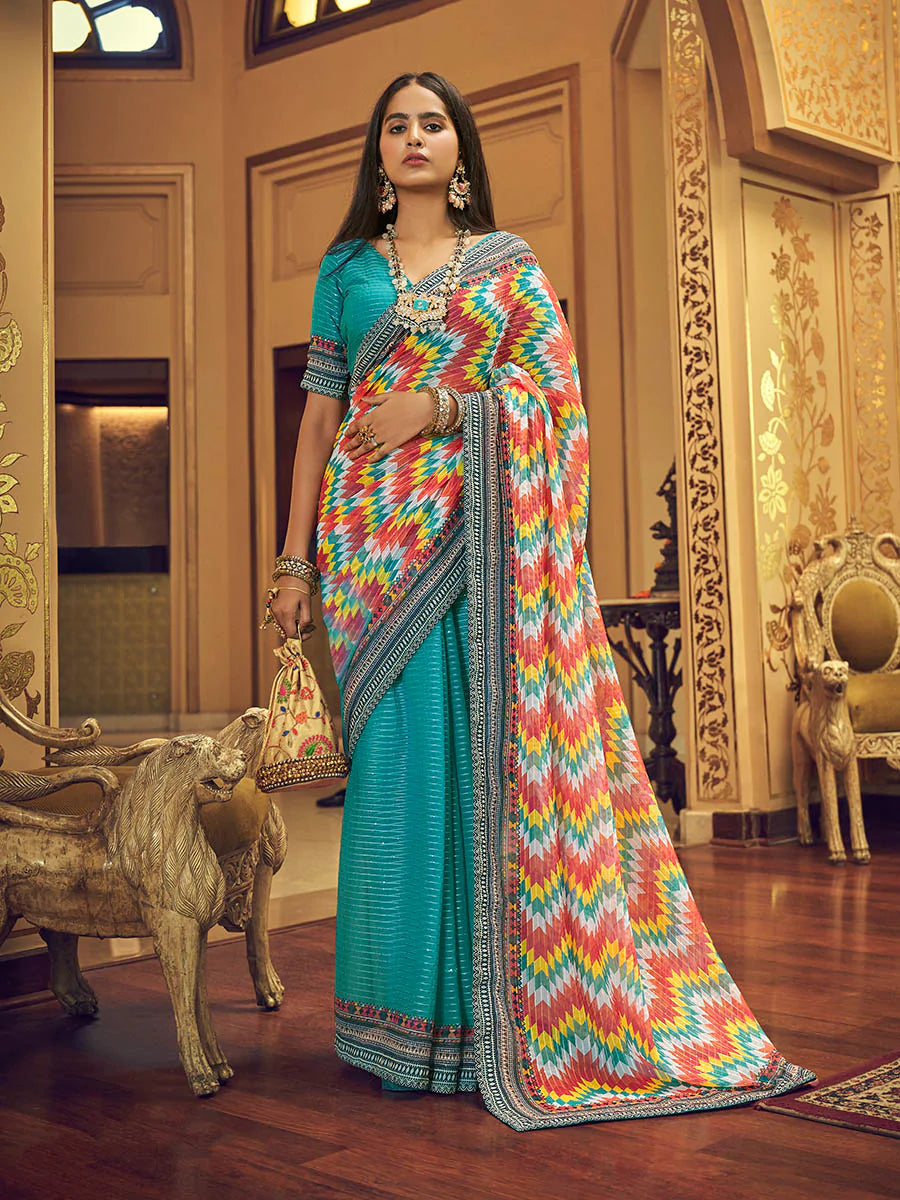 Blue & Multi Color Georgette Printed and Embroidered Saree