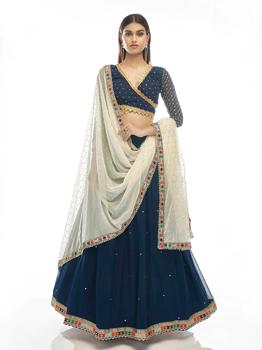 Navy Blue Georgette Heavy Embroidered Lehenga Set with White Dupatta