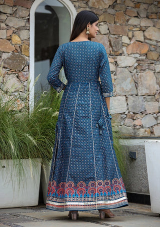 Blue Cotton Floral Gold Print & Embroidered Ethnic Gown