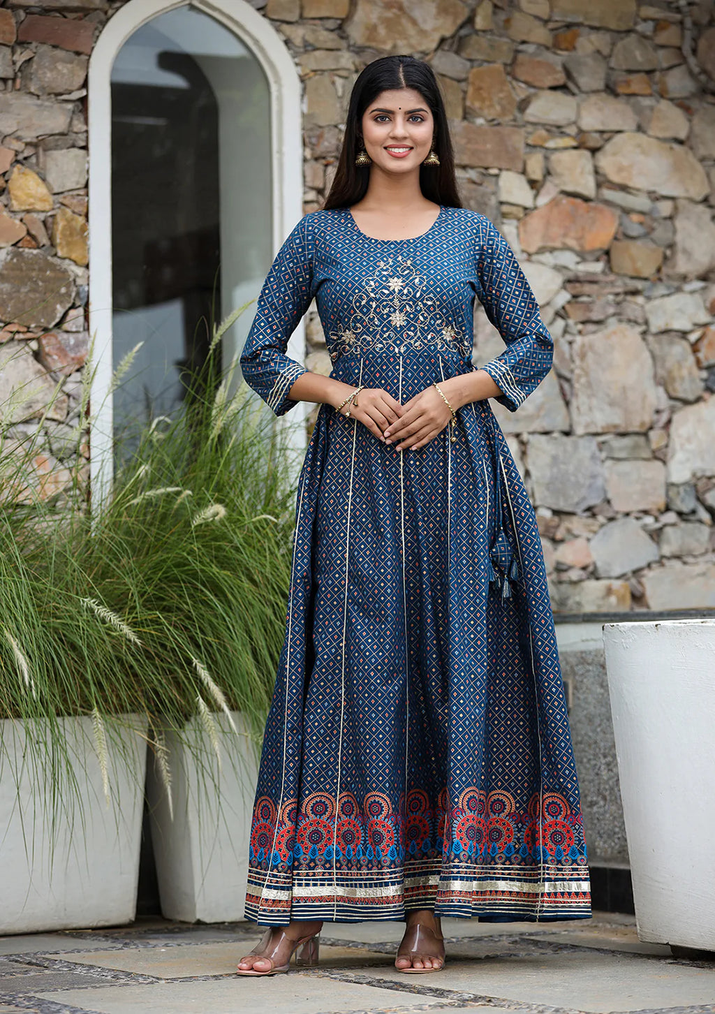 Blue Cotton Floral Gold Print & Embroidered Ethnic Gown