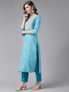 Blue Viscose Rayon Leheriya Print Suit Set with Voile Dupatta