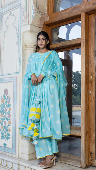 Muslin Blue Flower Print Anarkali Suit Set with Chiffon Dupatta