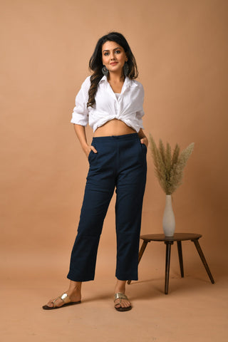 Buy Navy Blue Solid Straight Pants Online - W for Woman