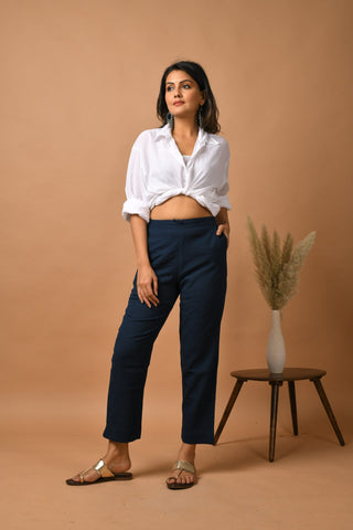 Cotton Blue Solid Pants with Pockets
