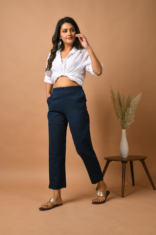 Cotton Blue Solid Pants with Pockets