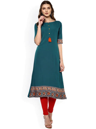 Turquoise Blue Poly Crepe Print Detailing Kurta