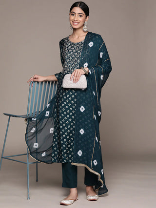 Navy Blue Silk Blend Geometric Print & Mirror Embroidered Suit Set with Dupatta