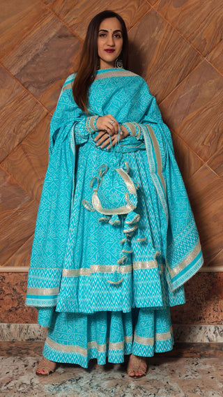 Cotton Blue Printed Anarkali Set with Dupatta