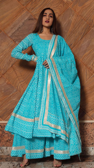 Cotton Blue Printed Anarkali Set with Dupatta