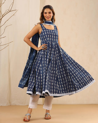 Blue & White Cotton Printed Anarkali Suit Set with Dupatta