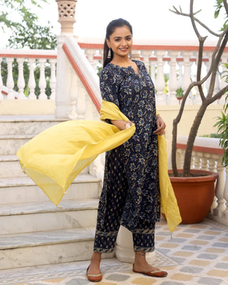 Cotton Blue & Yellow Bagru Print Suit Set wit Mul Dupatta