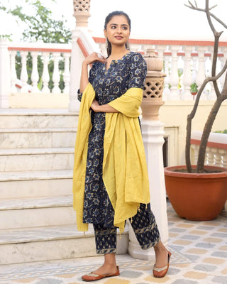 Cotton Blue & Yellow Bagru Print Suit Set wit Mul Dupatta