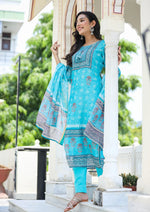 Blue Chanderi Printed Suit Set with Dupatta