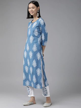 Viscose Rayon Blue & White Printed Suit Set with Voile Dupatta