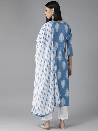 Viscose Rayon Blue & White Printed Suit Set with Voile Dupatta