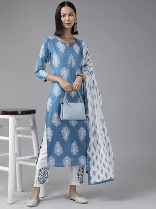 Viscose Rayon Blue & White Printed Suit Set with Voile Dupatta