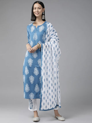 Viscose Rayon Blue & White Printed Suit Set with Voile Dupatta