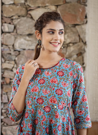 Cotton Blue & Red Floral Print Anarkali Style Ethnic Dress