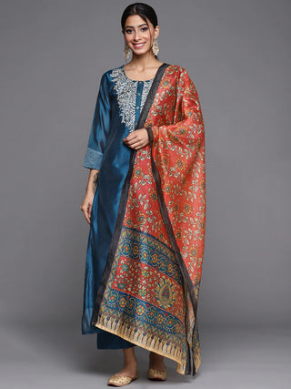 Chanderi Silk Teal Blue Kurta with Silk Blend Trouser and Dupatta