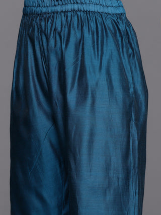 Chanderi Silk Teal Blue Kurta with Silk Blend Trouser and Dupatta